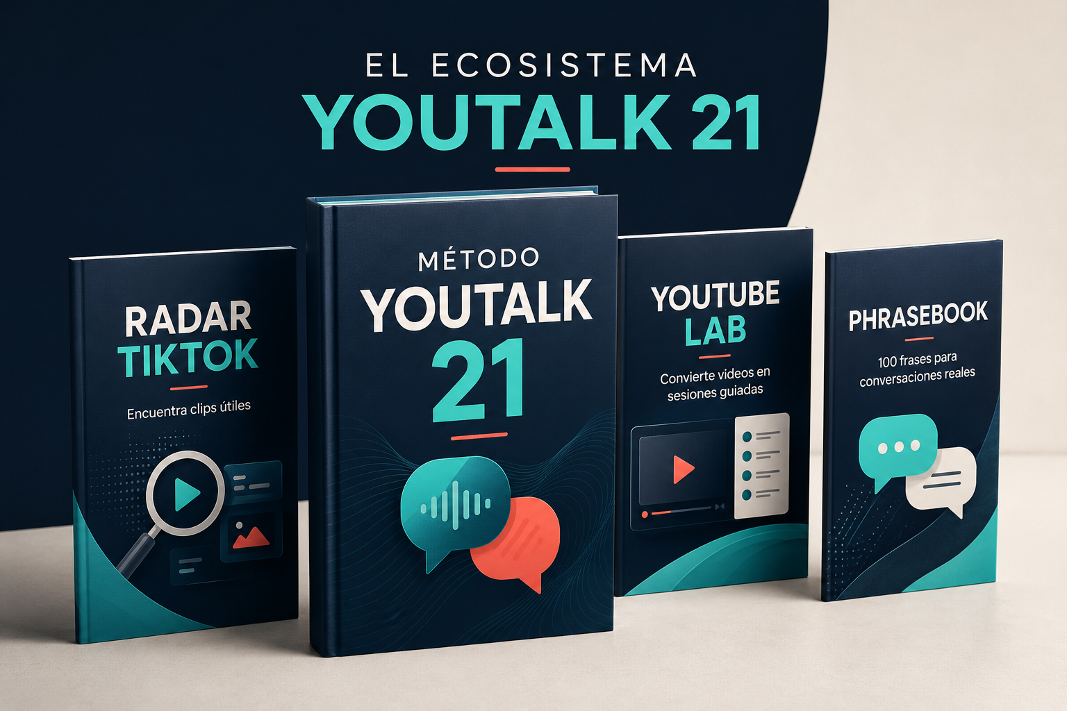 Mockup de los tres bonos incluidos con Método YouTalk 21