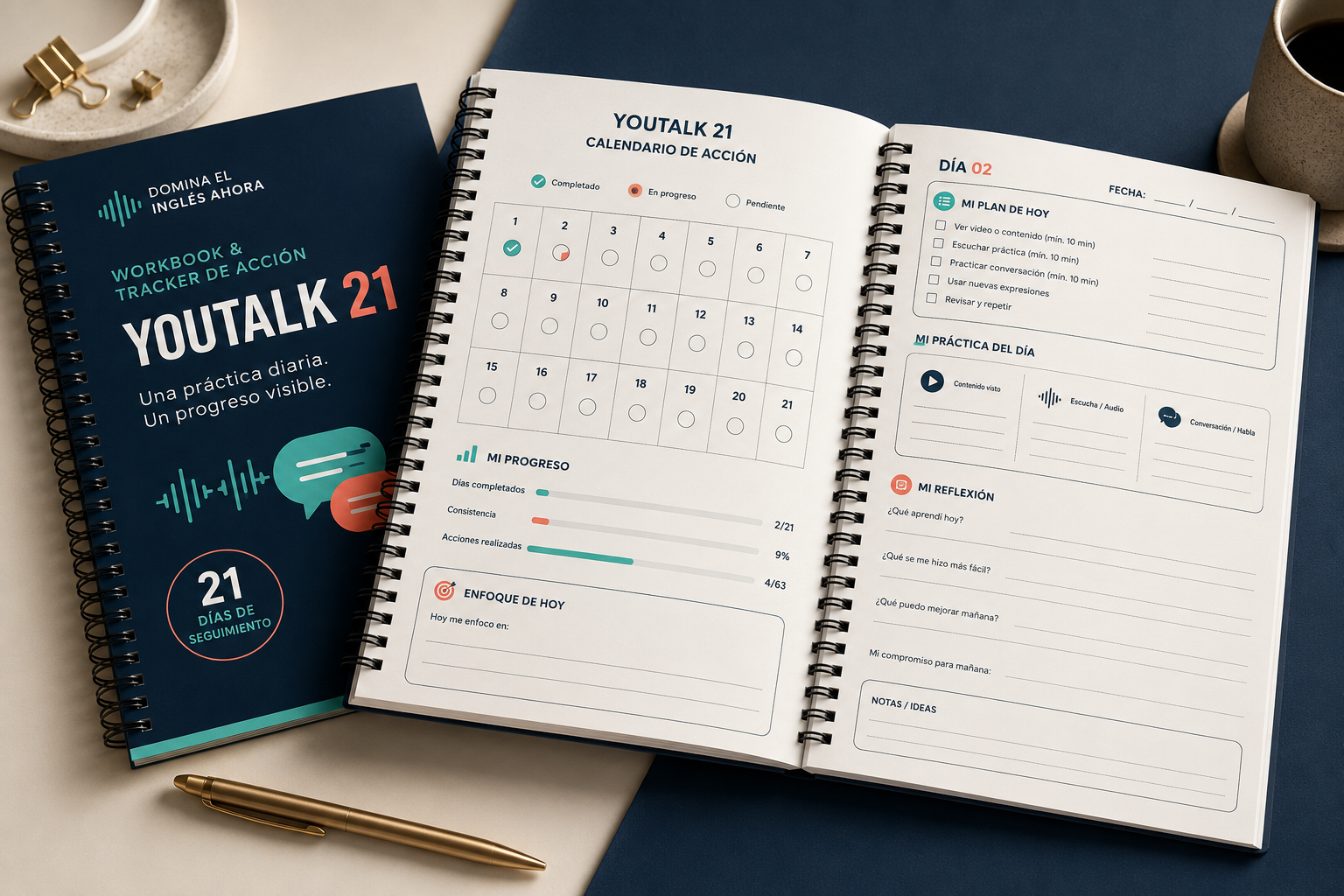 Mockup del Workbook y Tracker de Acción YouTalk 21